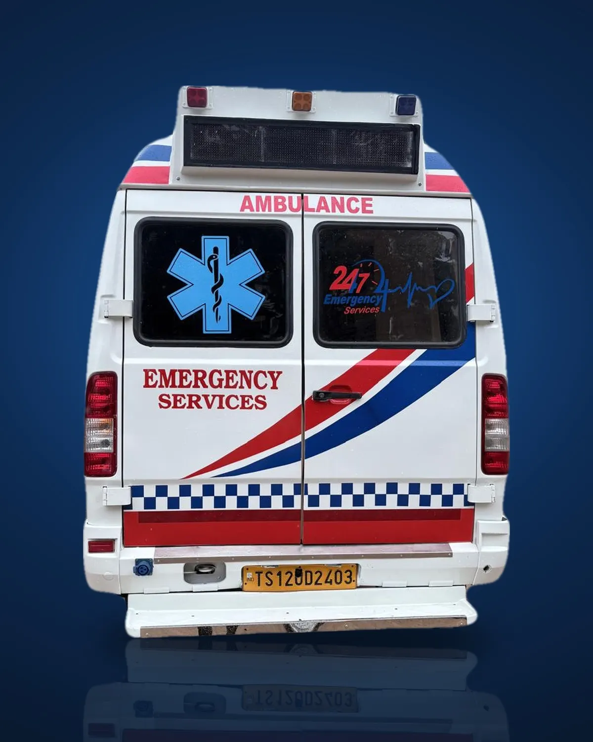 Rear doors of the Sri Loukya ambulance with the Star of Life and Emergency Services markings